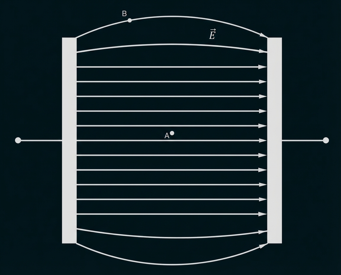 Schematische Darstellung elektrisches Feld zwischen zwei Platten mit parallelen Feldlinien, Pfeilen nach rechts und markierten Punkten A, B
